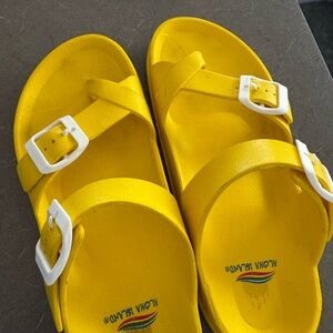 Aloha Island Bright Yellow Kids' Double Strap Sandals with White Buckles
